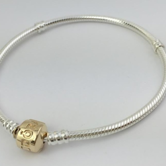 Pandora Sterling& 14K Gold Snap Clasp Bracelet 7.9 - Picture 1 of 2